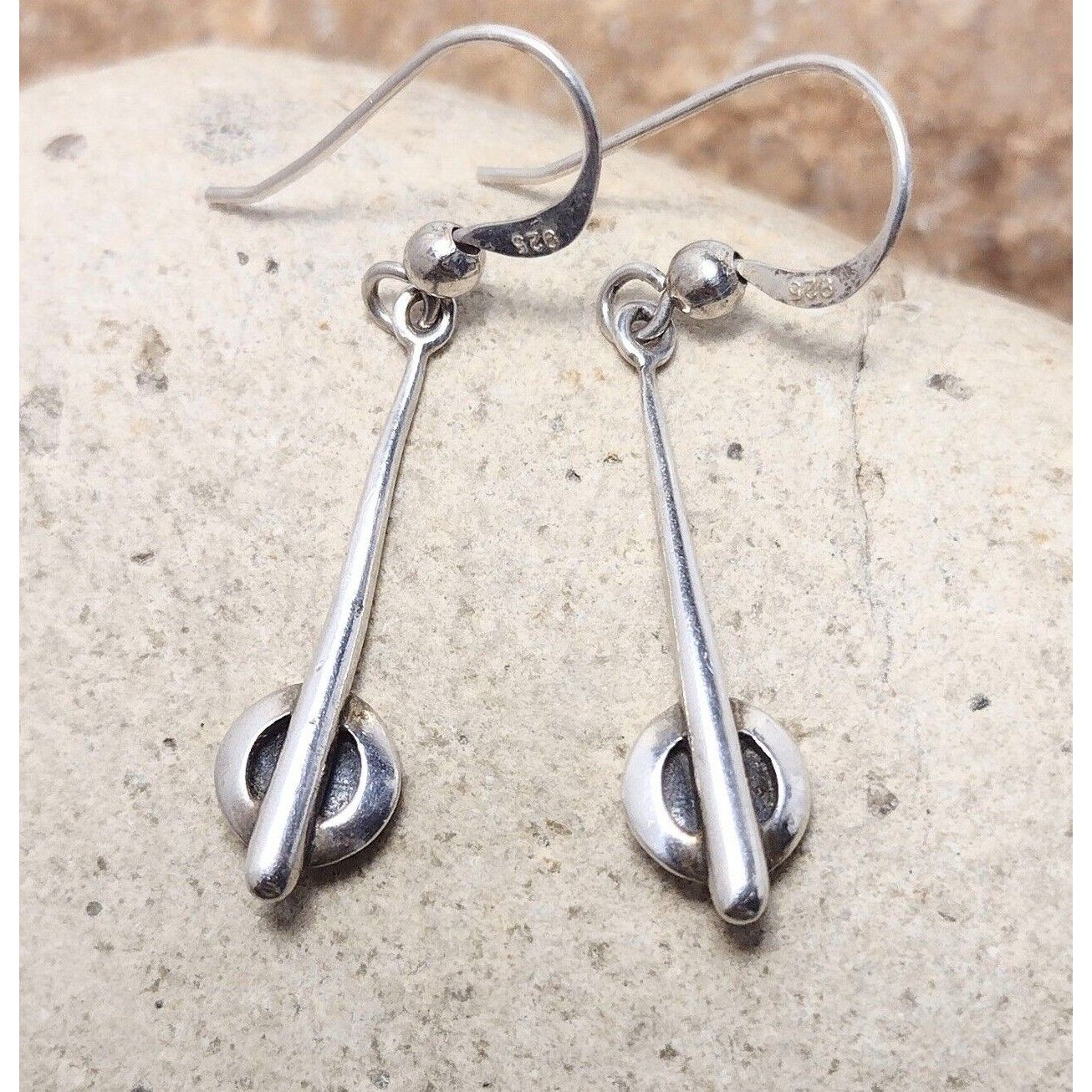 Vintage Modernist Sterling Silver Enamel Solid Rod Dangle Hook Earrings Signed